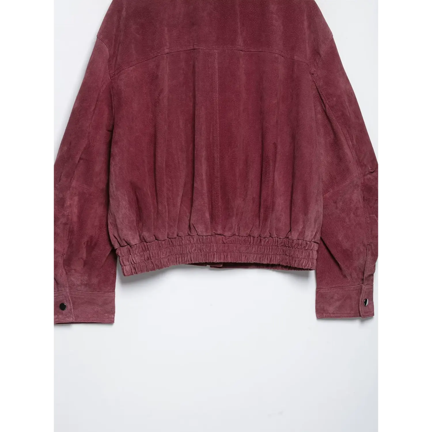 Complete back view burgundy suede cropped jacket elastic waist hem