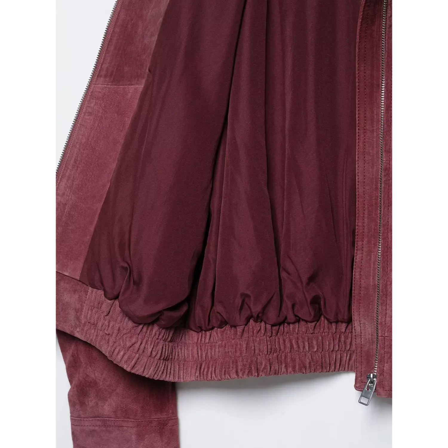 Inside lining view burgundy high neck suede cropped bomber jacket