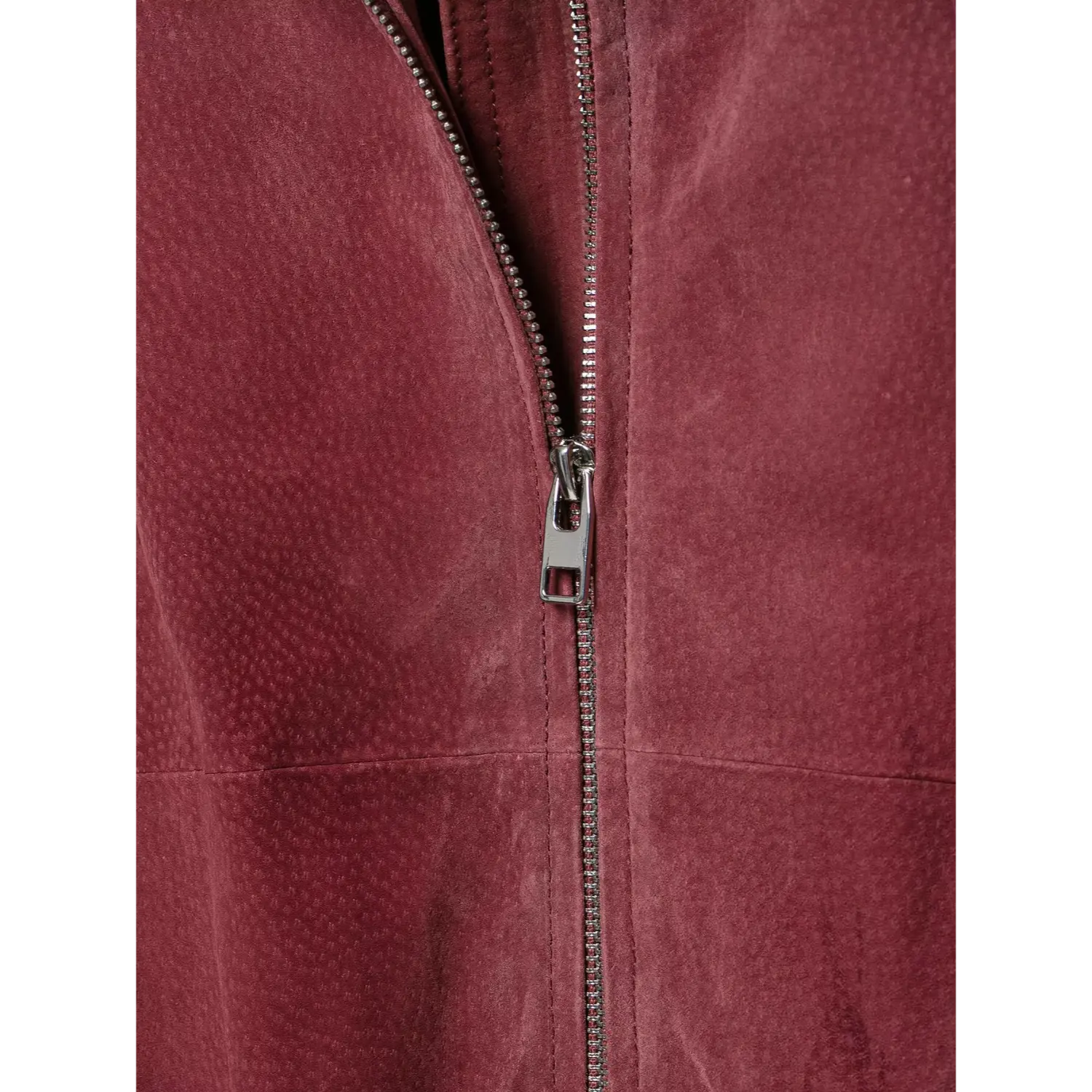 Detail shot silver metal zipper pull burgundy suede bomber jacket