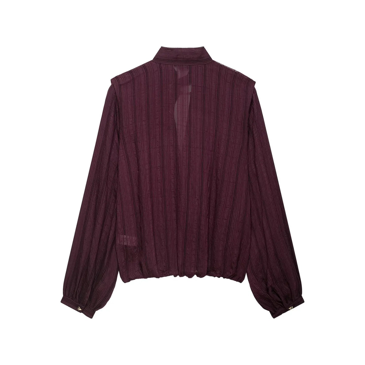 Back flat lay of burgundy tie neck ring detail blouse