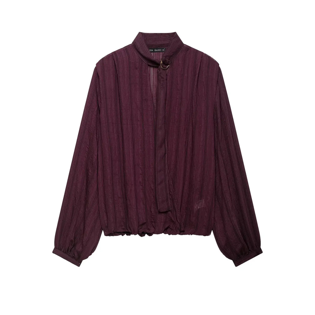 Front flat lay of burgundy tie neck ring detail blouse