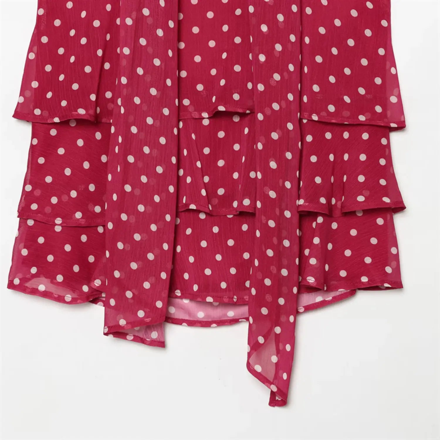 Side sleeveless armhole close-up, bias cut chiffon edge, evenly arranged white polka dot print, crinkled woven texture