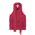 Full front flat lay wine red polka dot sleeveless top, long hanging neck sash ties, three-tier flared hem, translucent chiffon woven material