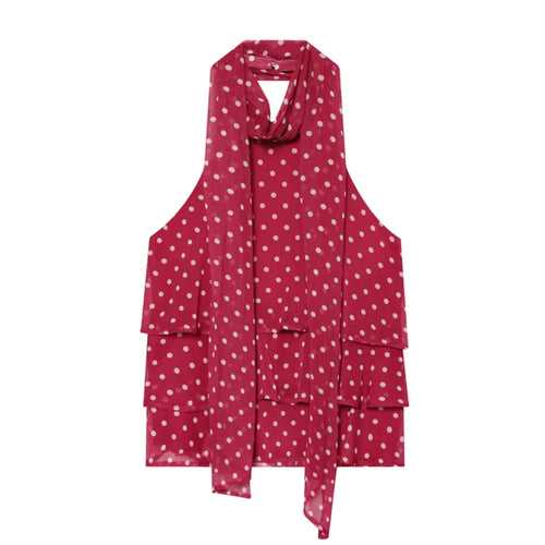Full front flat lay wine red polka dot sleeveless top, long hanging neck sash ties, three-tier flared hem, translucent chiffon woven material