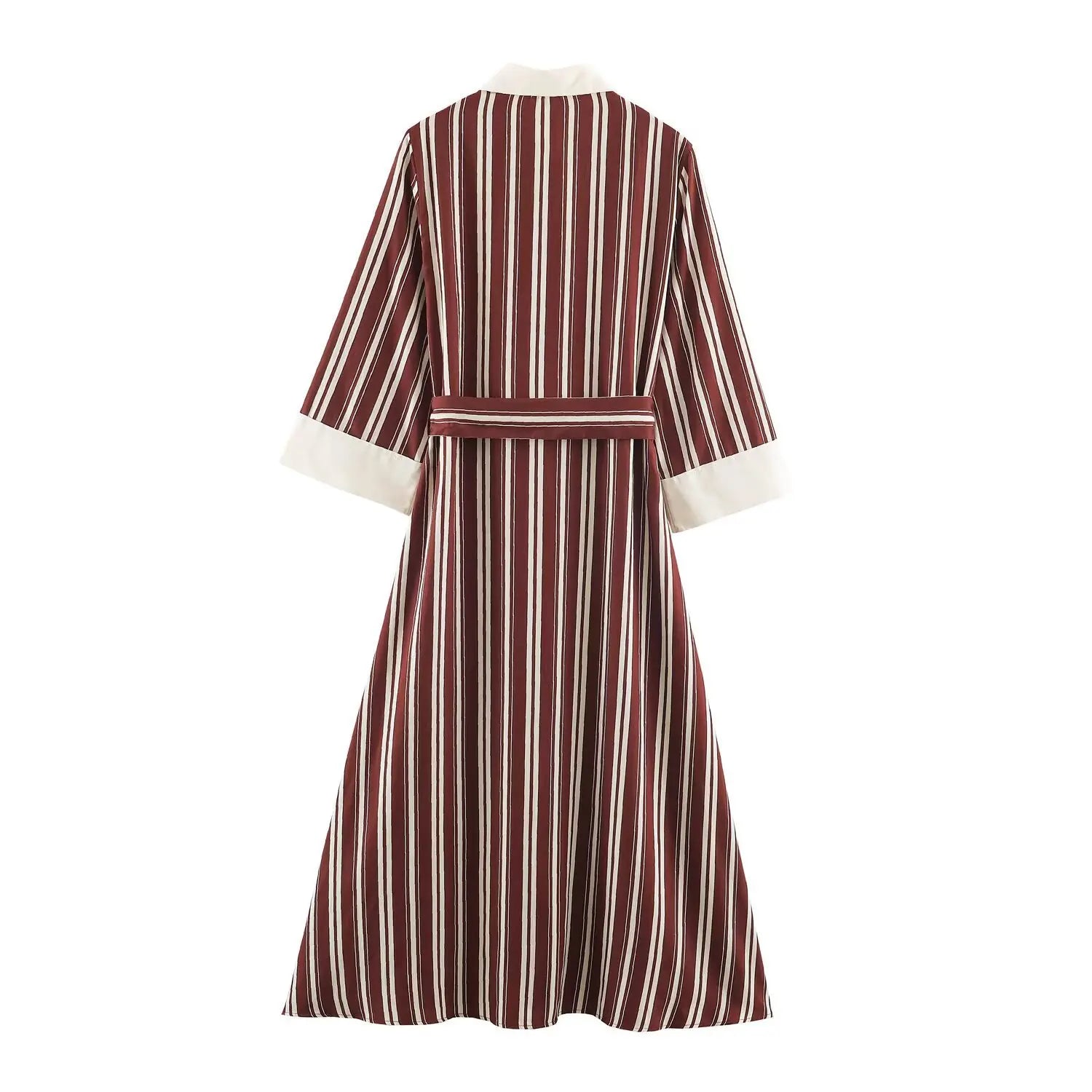 Back view burgundy white vertical stripe shirt maxi dress, belted waist, contrast white cuffs and collar