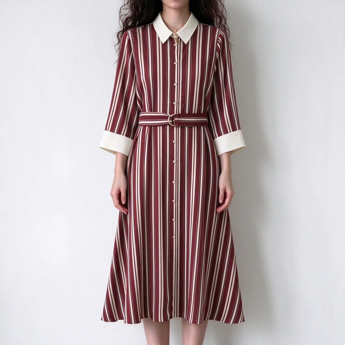 Model wearing burgundy white striped shirt maxi dress, white collar, three quarter cuffed sleeves, matching waist belt, white background