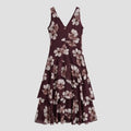 Full flat back view of burgundy floral sleeveless tiered maxi dress