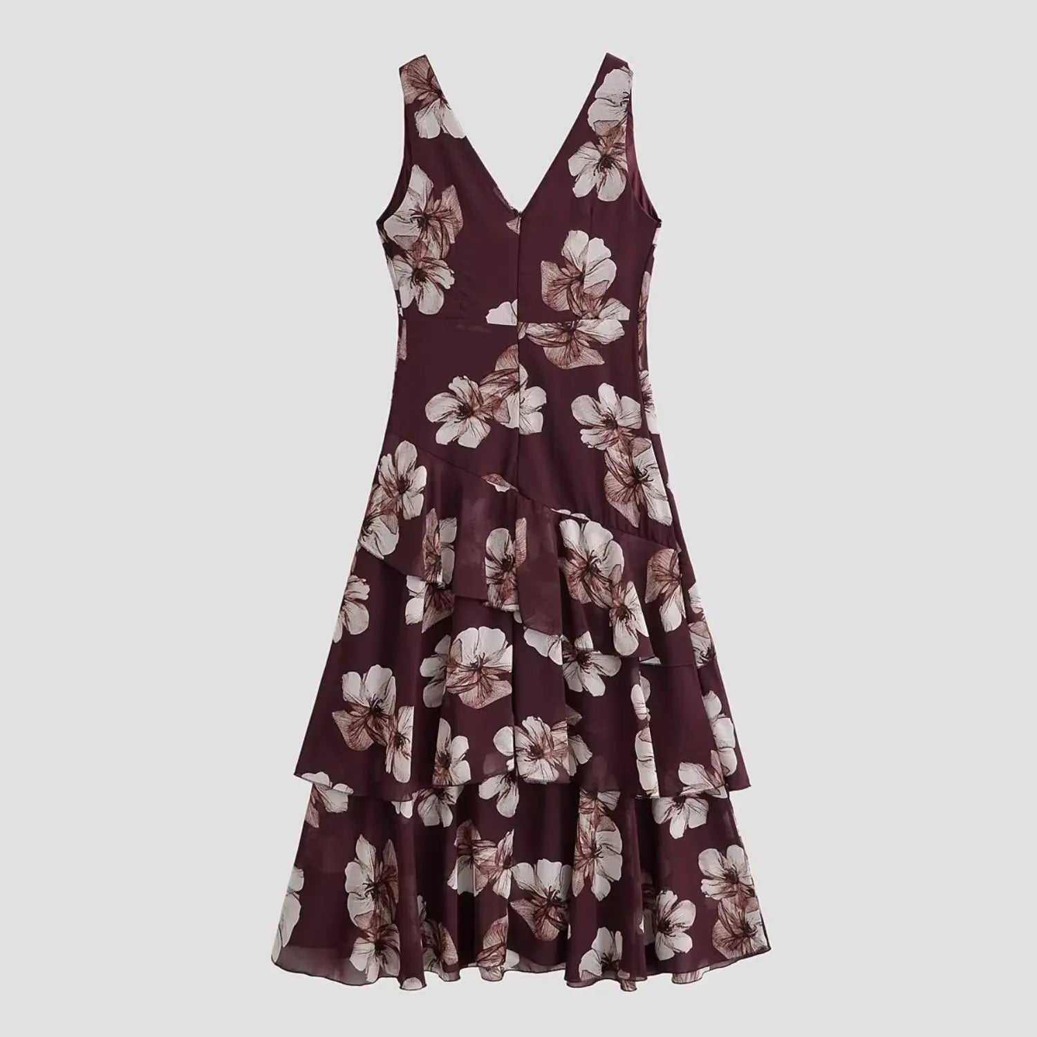 Full flat back view of burgundy floral sleeveless tiered maxi dress