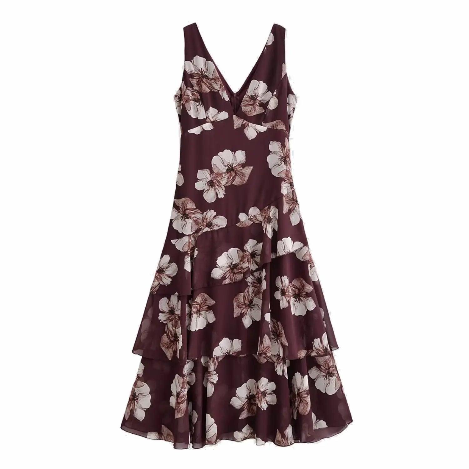 Flat lay front view of burgundy floral print sleeveless v‑neck tiered ruffle maxi dress
