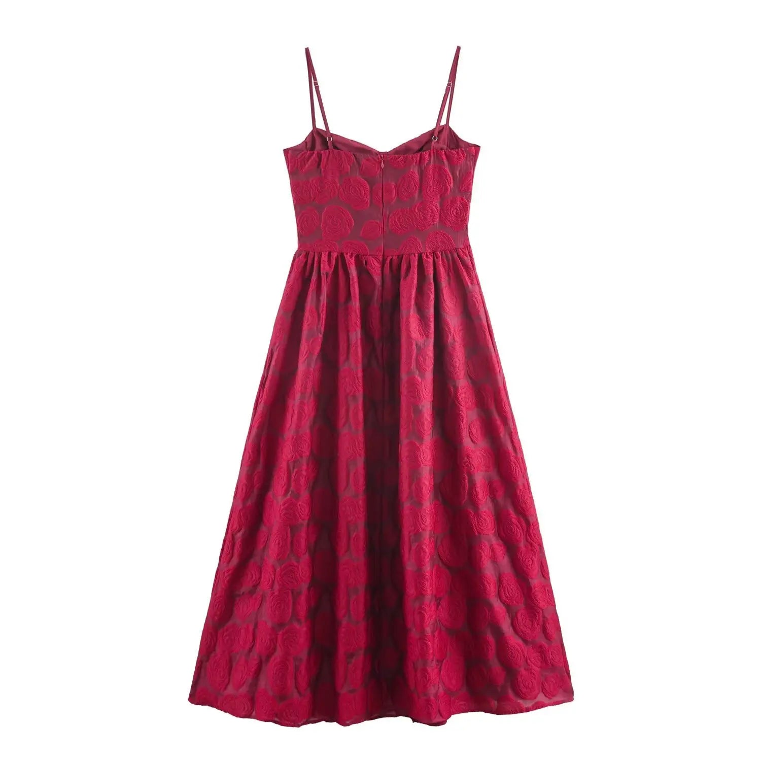 Back full view of burgundy red jacquard cami maxi dress