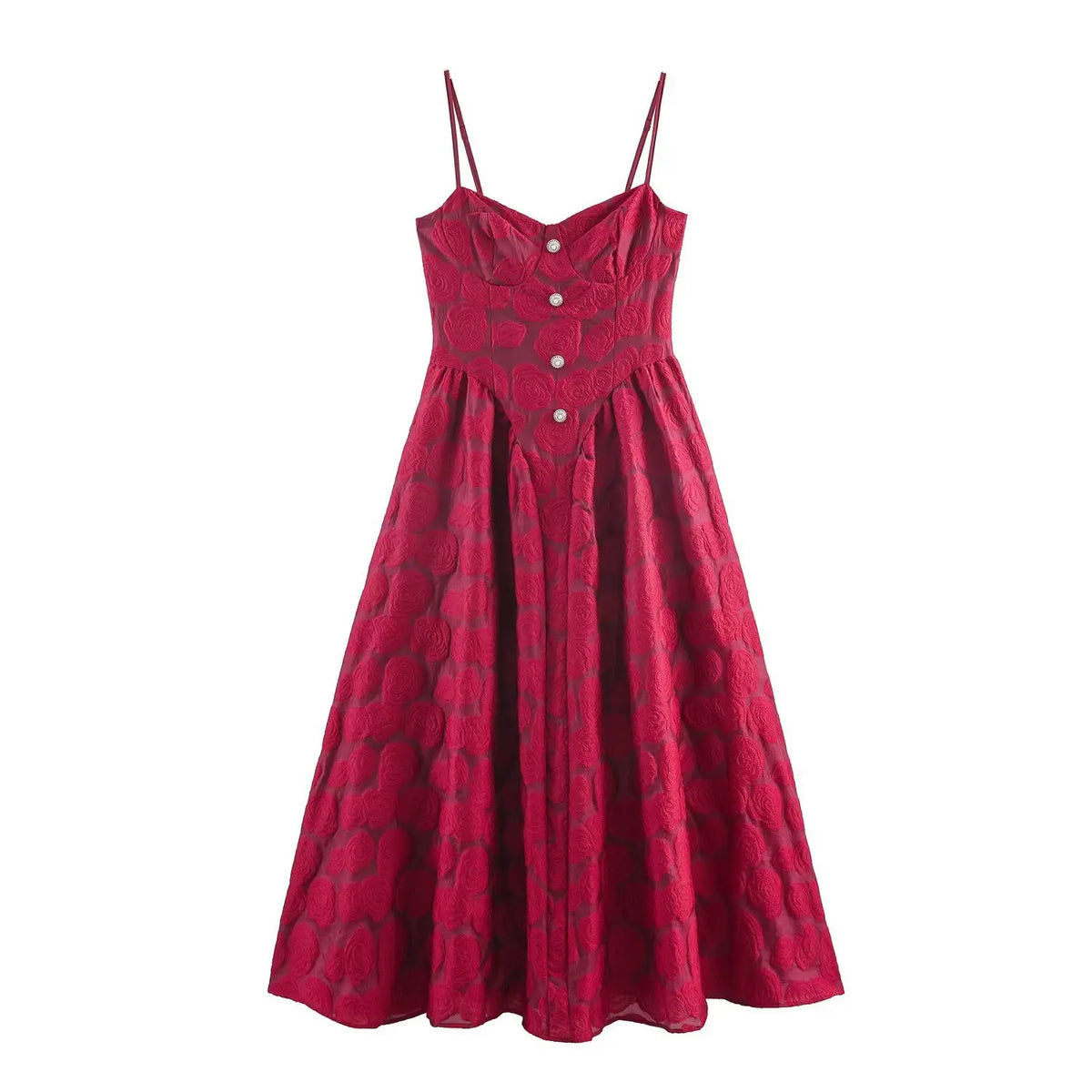 Front full view of burgundy red jacquard cami maxi dress with pearl button decor