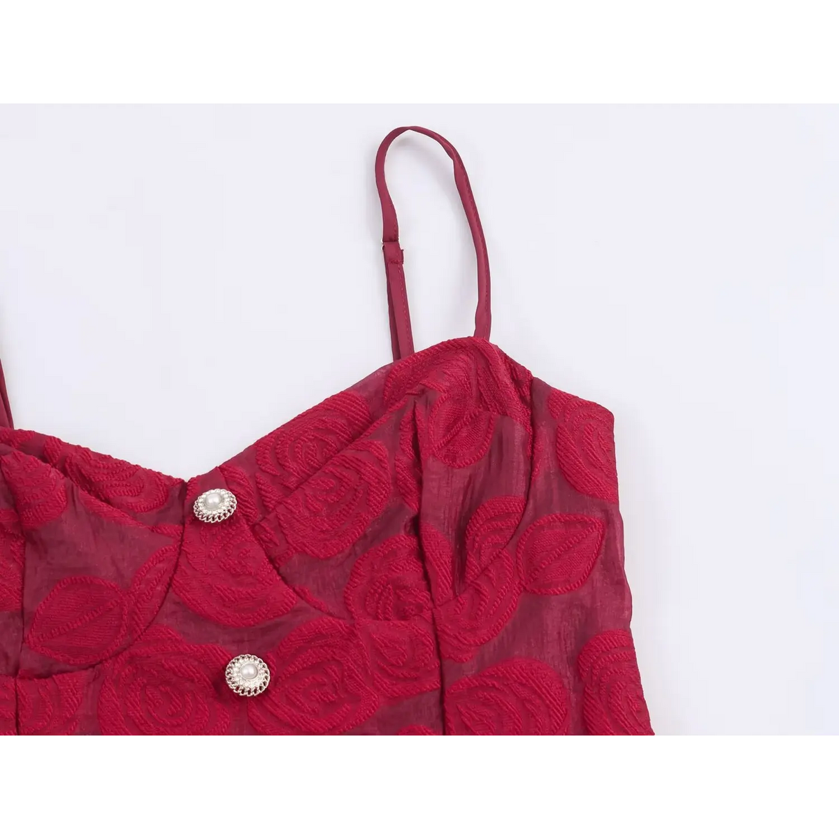 Close‑up of v‑neck bodice and pearl button decoration