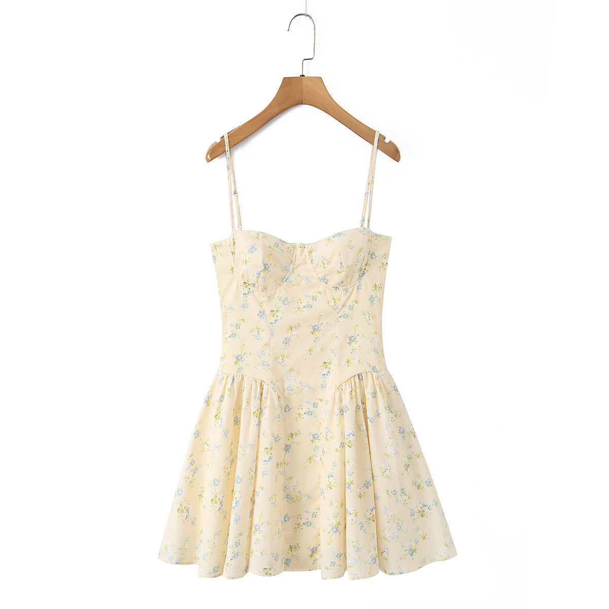 Close-up of dingdingding women's yellow floral spaghetti strap bustier dress with high waist and flared mini skirt.
