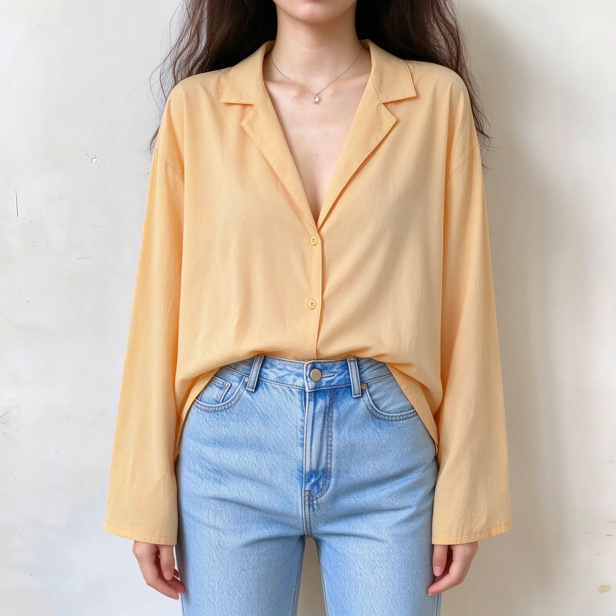 Model wearing butter yellow cotton linen blazer collar shirt, front view