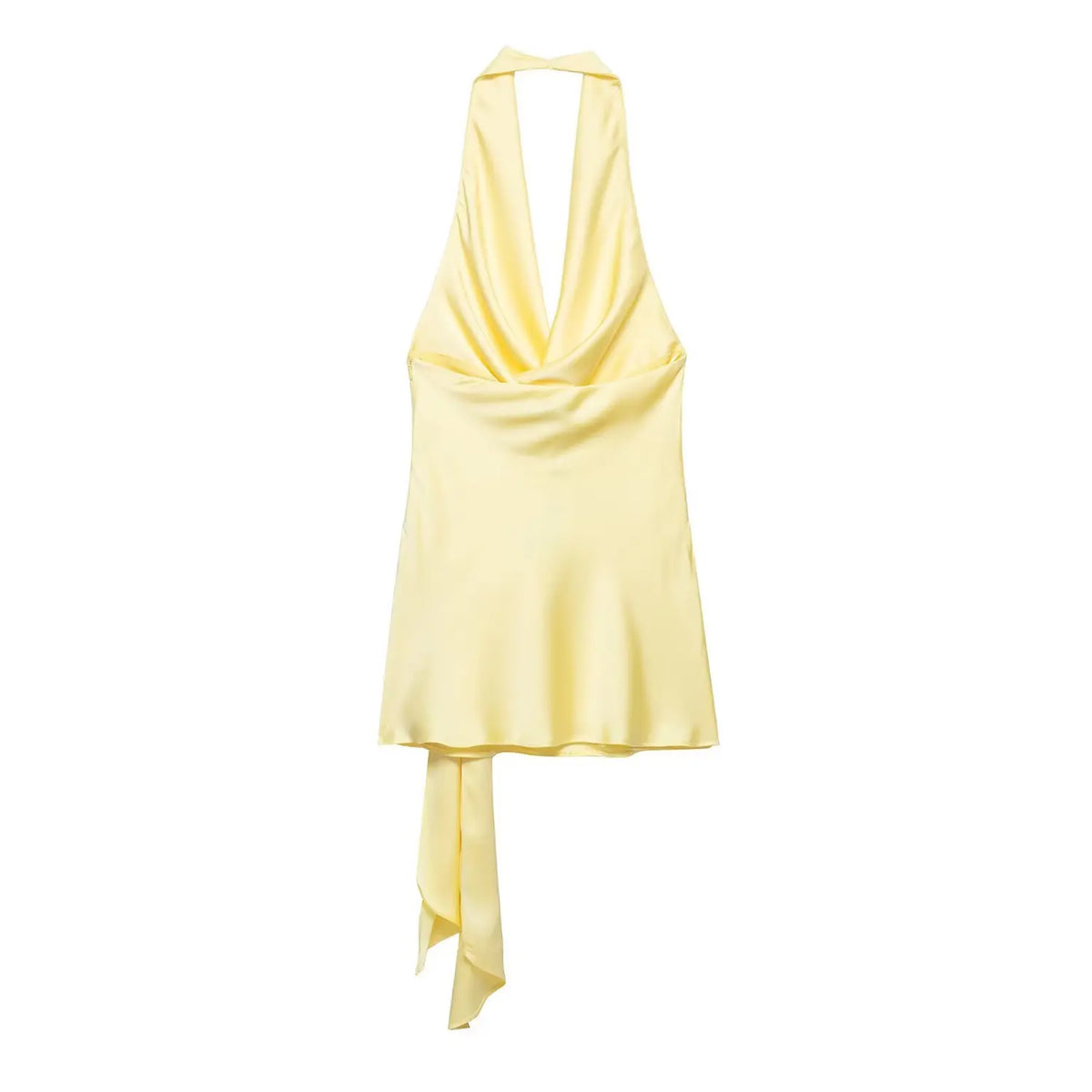 Back flat lay of butter yellow halter cowl neck tie waist mini dress