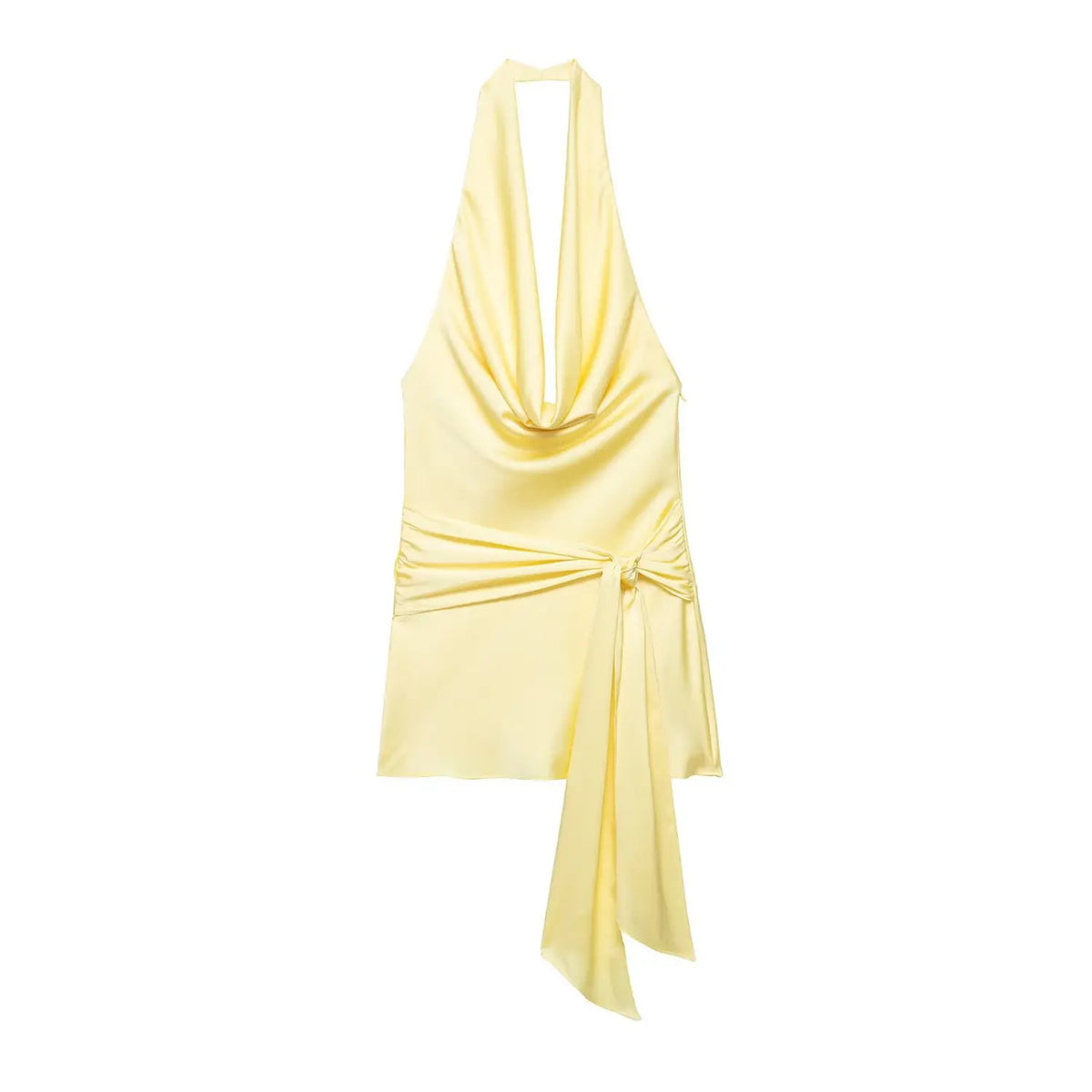 Front flat lay of butter yellow halter cowl neck tie waist mini dress