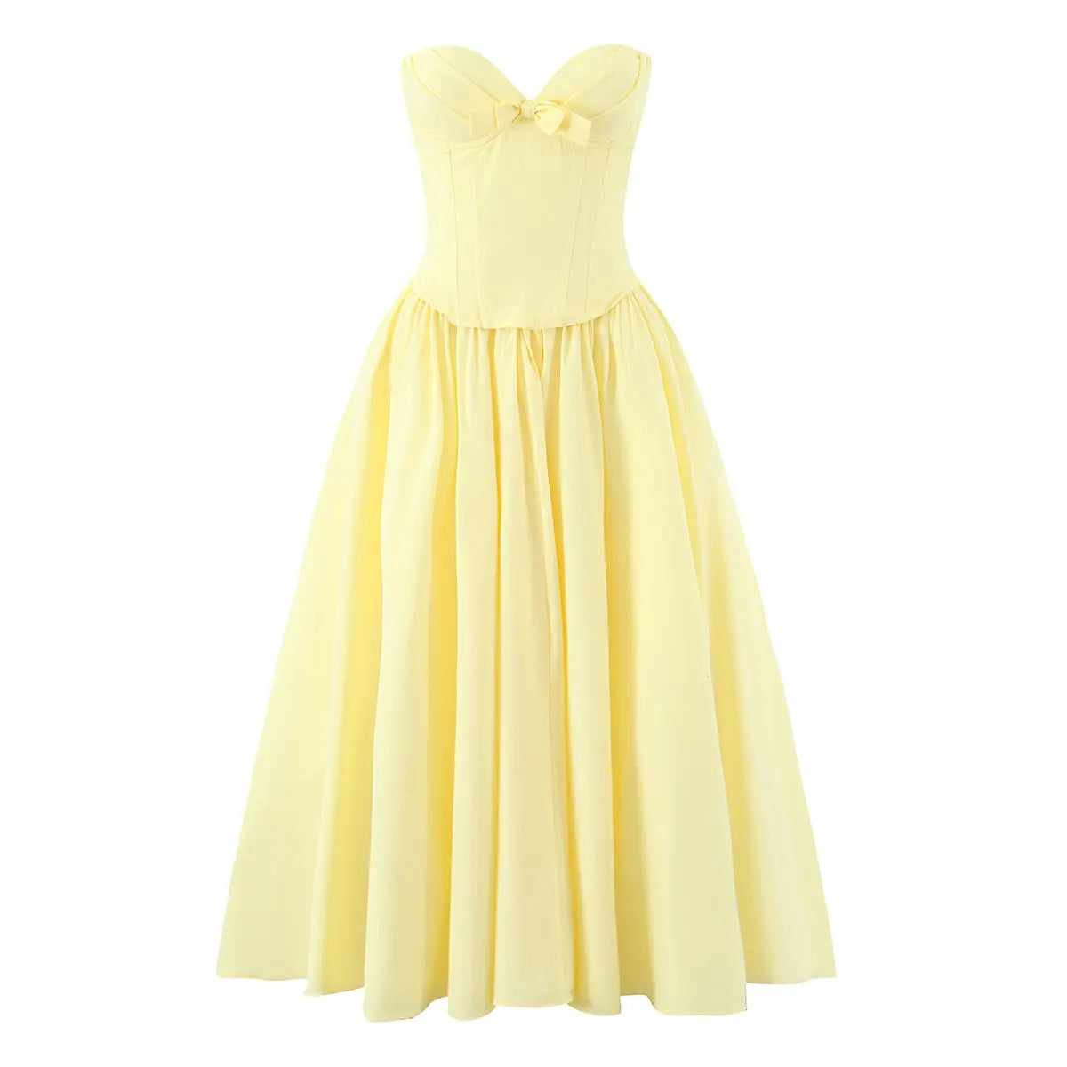 Full view of a butter yellow strapless maxi dress with a sweetheart neckline, front bow, structured corset bodice, and voluminous pleated skirt.
