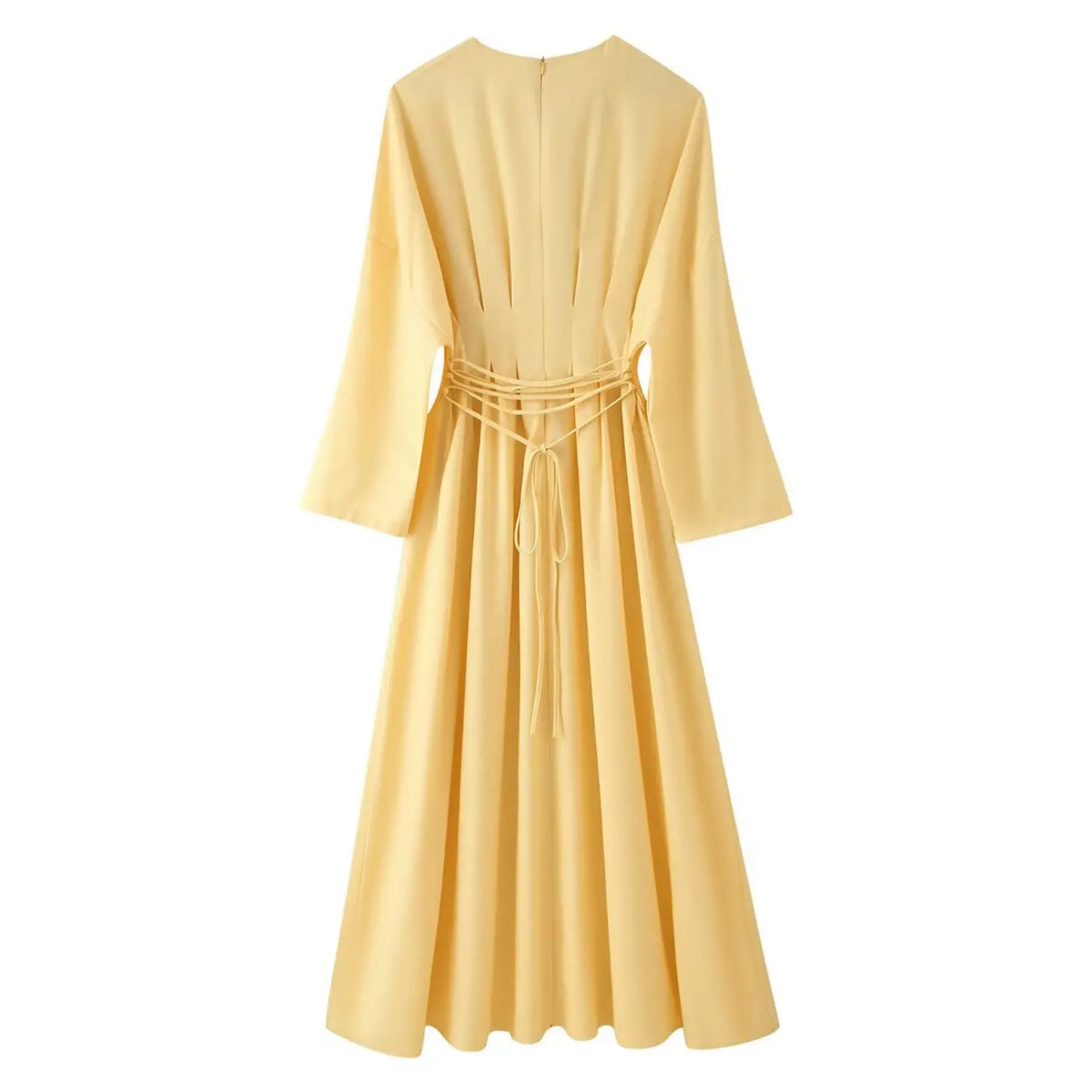 Back flat lay of butter yellow tie waist maxi dress