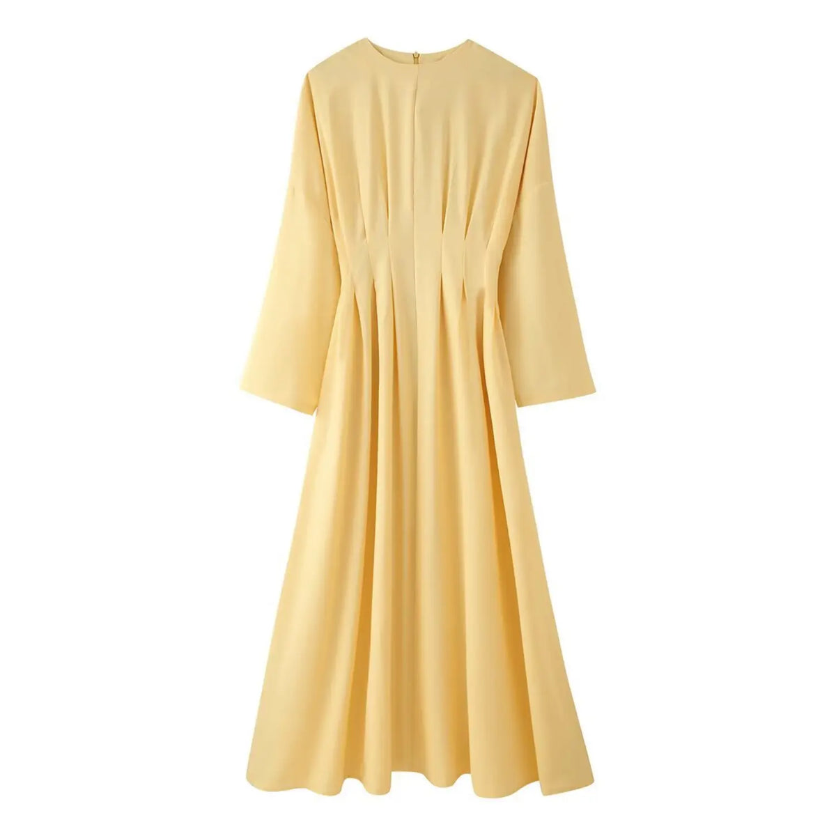 Front flat lay of butter yellow tie waist batwing sleeve maxi dress