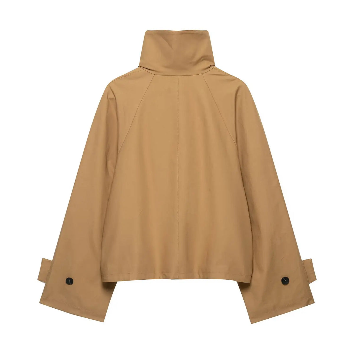 Back view of camel cropped jacket, raglan stitching, loose boxy fit, long sleeves