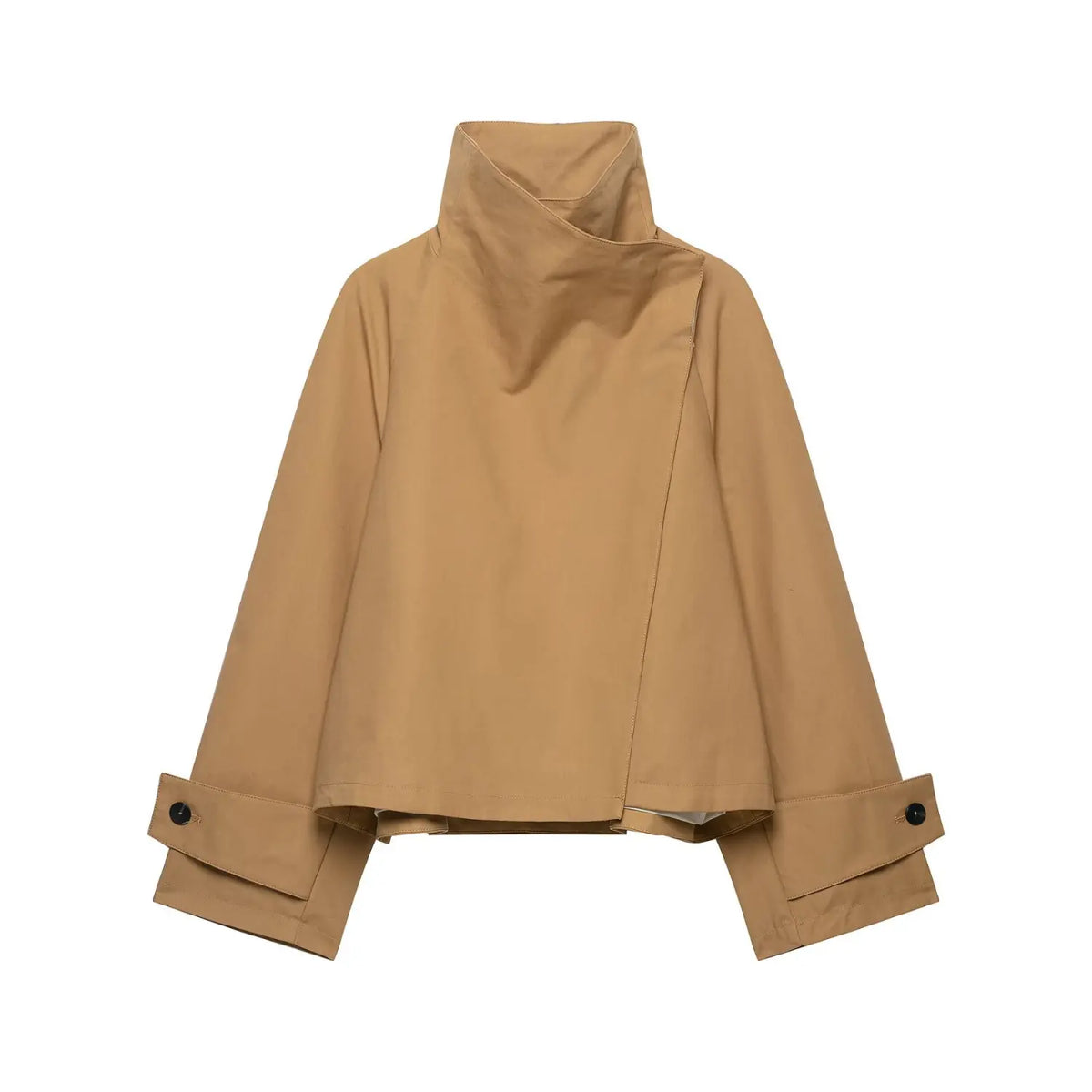 Front flat shot of camel short jacket, unique folded high collar, diagonal wrap front design