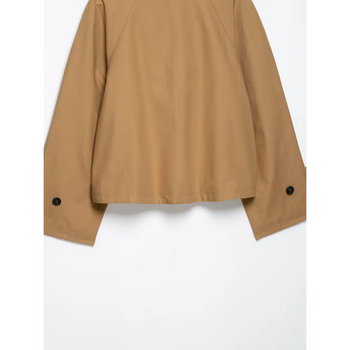 Full back flat lay of camel women cropped jacket, raglan seams and button details on sleeve cuffs