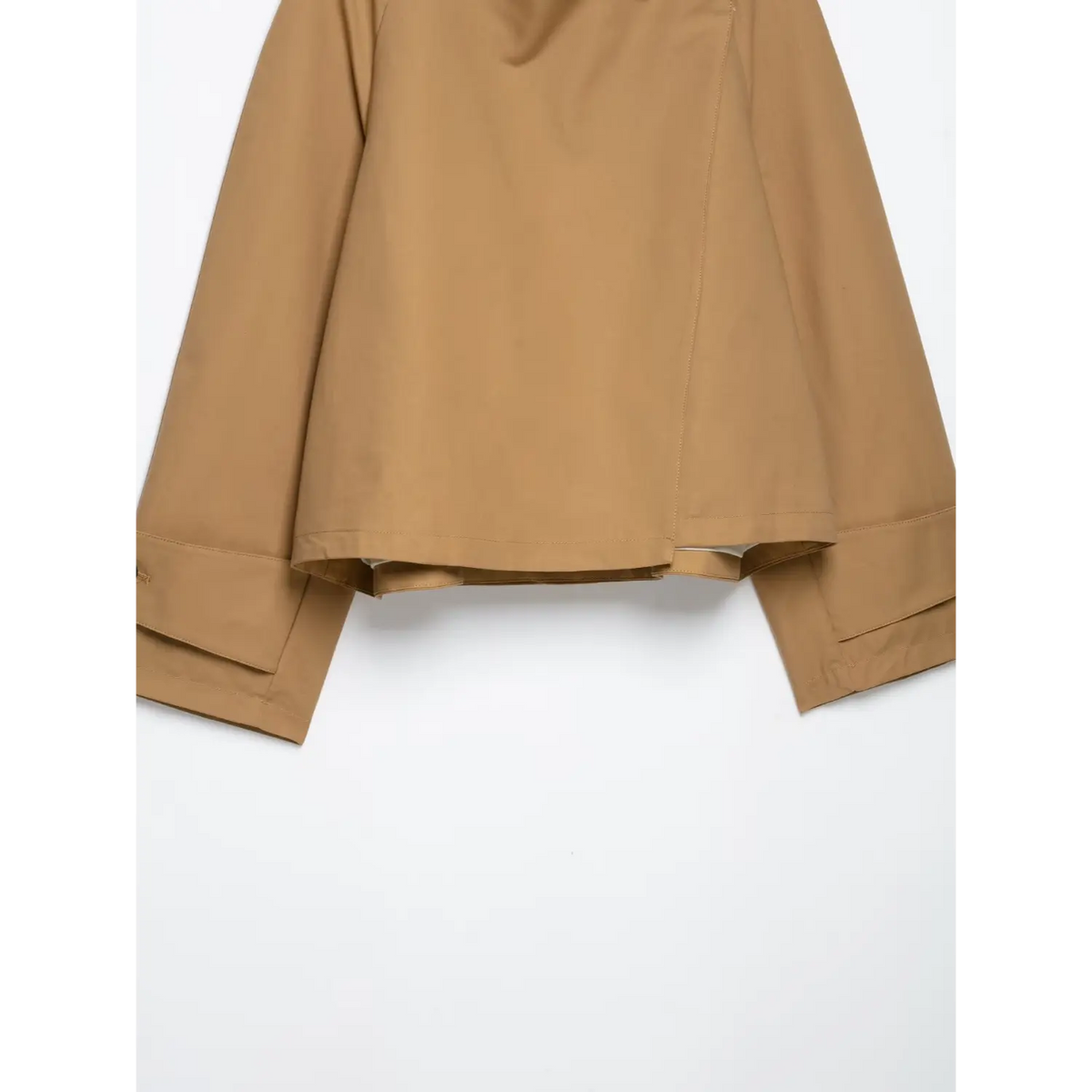 Full front flat lay of camel women short jacket, loose boxy fit, long sleeves with button cuffs