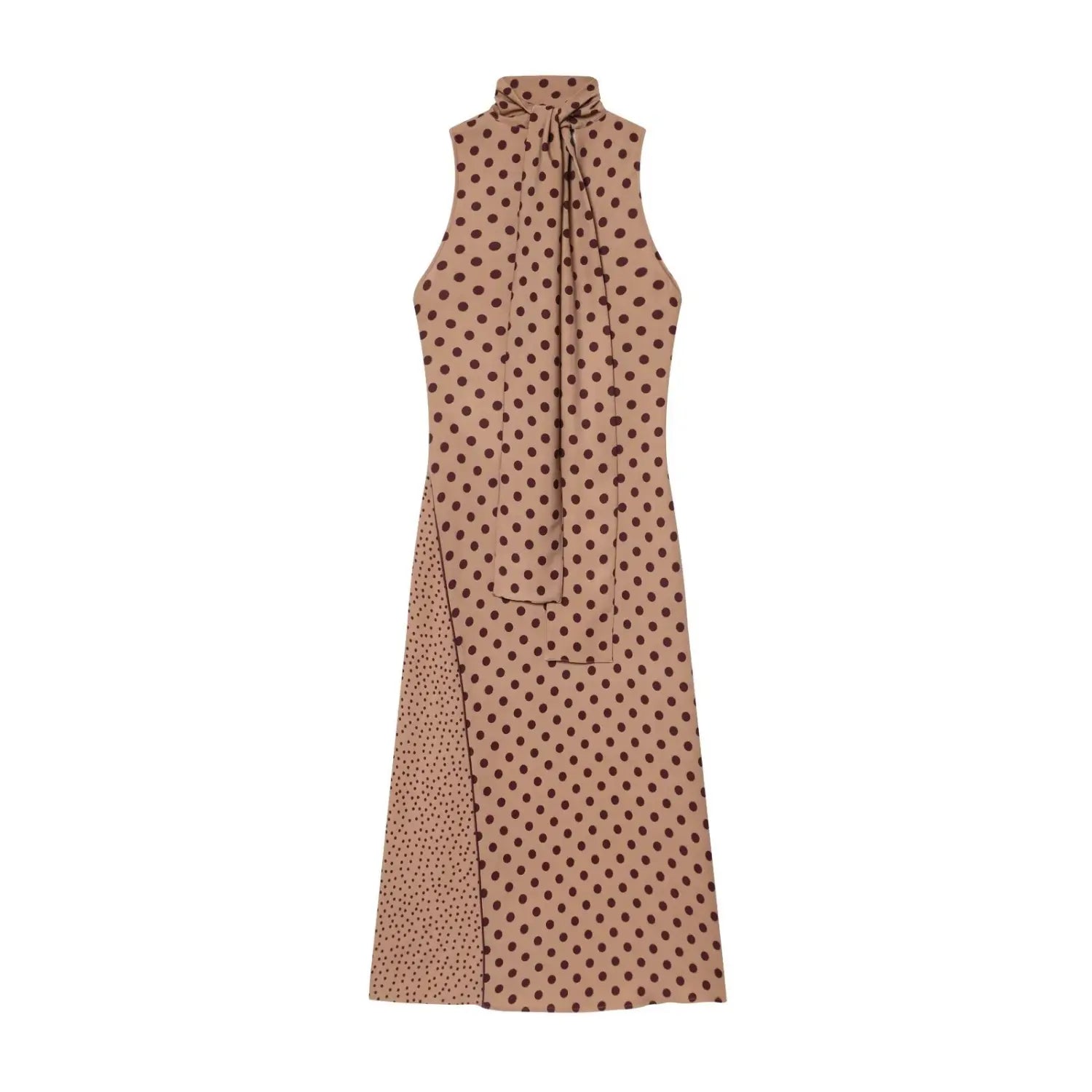Front view isolated white background, camel brown sleeveless polka dot midi dress with self-fabric neck tie and varied dot pattern splicing