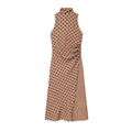 Front view isolated white background, camel brown sleeveless turtleneck midi dress with dark polka dots, side waist ruched and mixed dot panel skirt