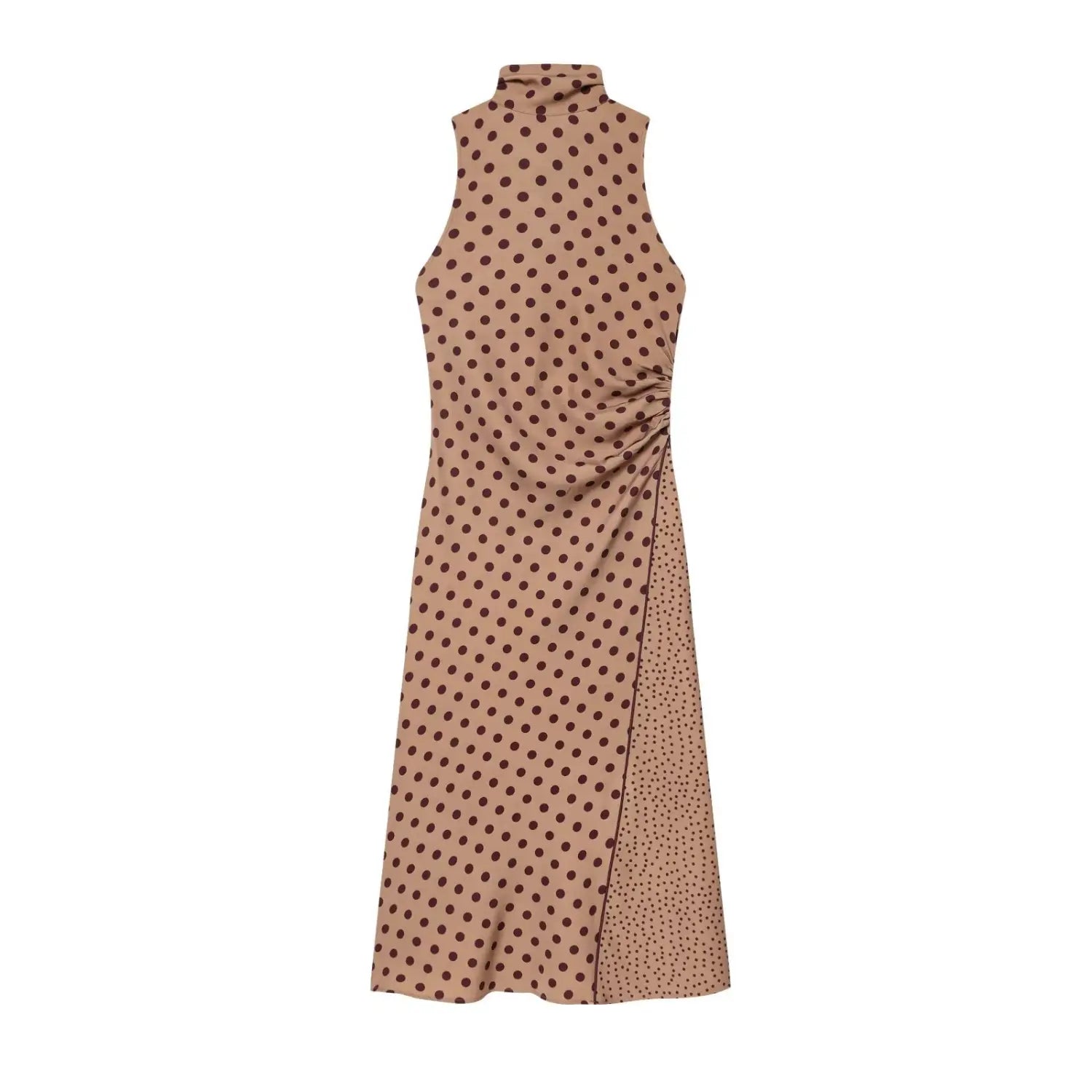 Front view isolated white background, camel brown sleeveless turtleneck midi dress with dark polka dots, side waist ruched and mixed dot panel skirt