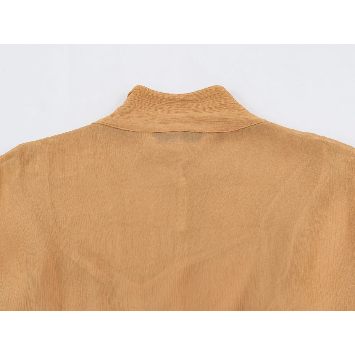 Back view of stand collar and crinkled chiffon upper back panel