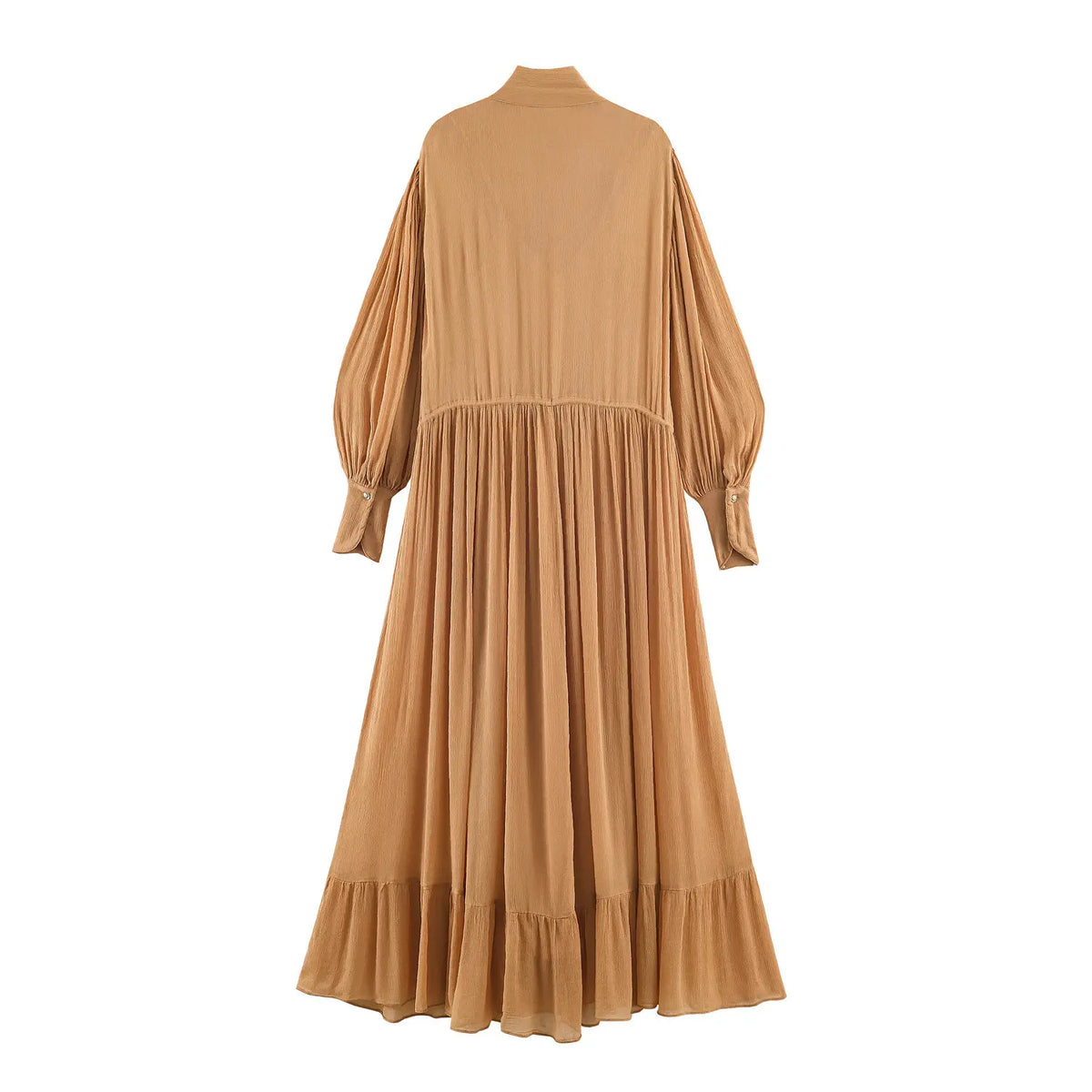 Back flat view of camel long sleeve maxi dress, gathered waist, flowy ruffled tiered skirt