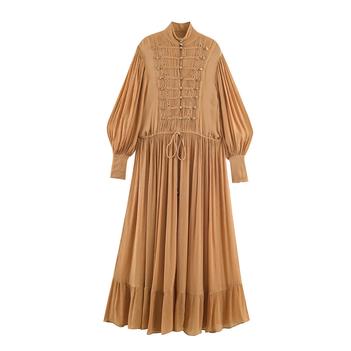 Front flat‑lay of camel stand collar maxi dress, frog button details, balloon long sleeves, drawstring waist and ruffle hem