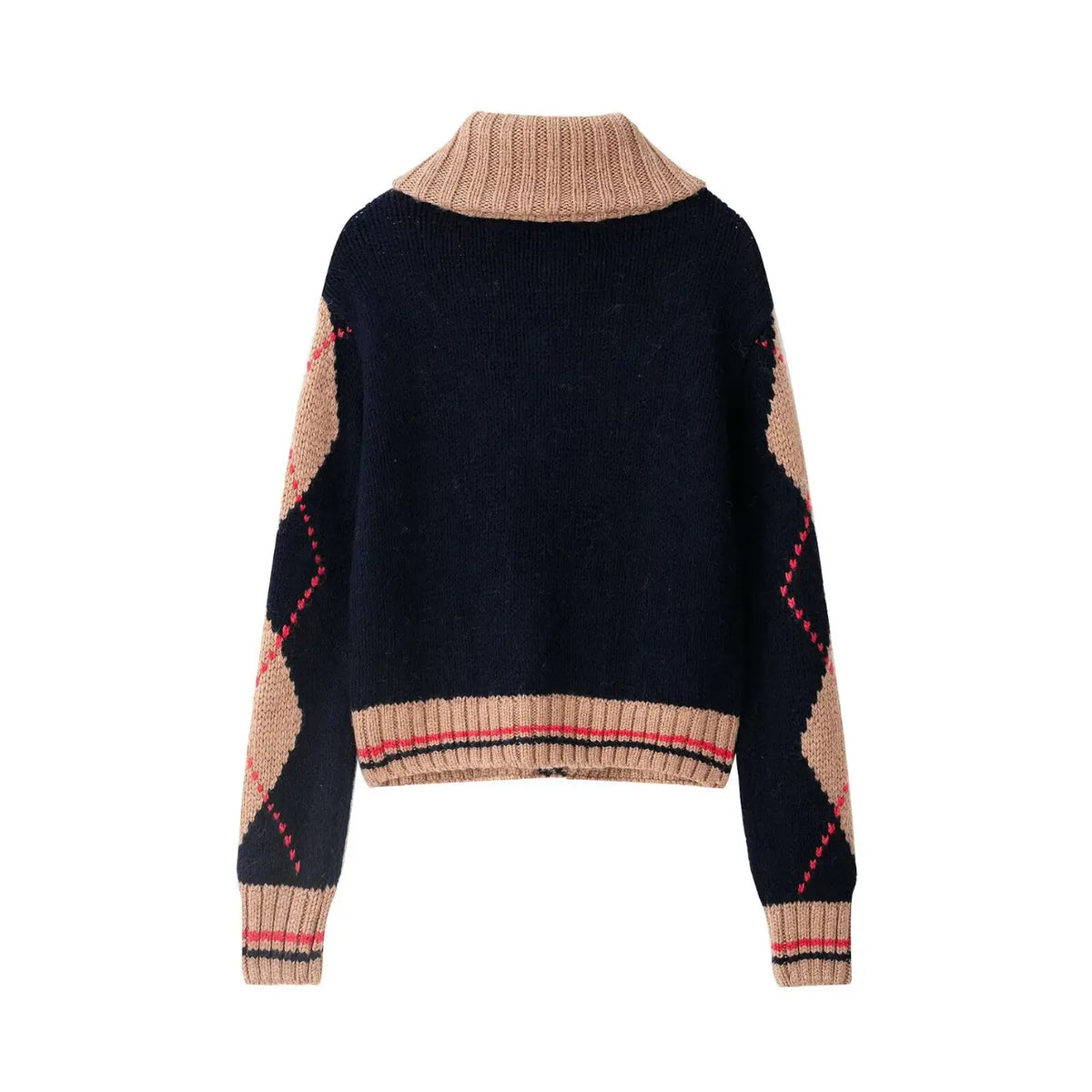 Camel navy argyle zip turtleneck cropped cardigan, back flat lay