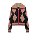 Camel navy argyle zip turtleneck cropped cardigan, front flat lay