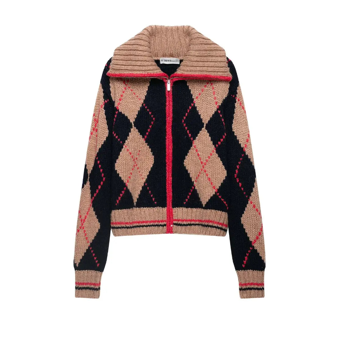 Camel navy argyle zip turtleneck cropped cardigan, front flat lay