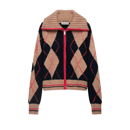 Camel navy argyle zip turtleneck cropped cardigan, front flat lay