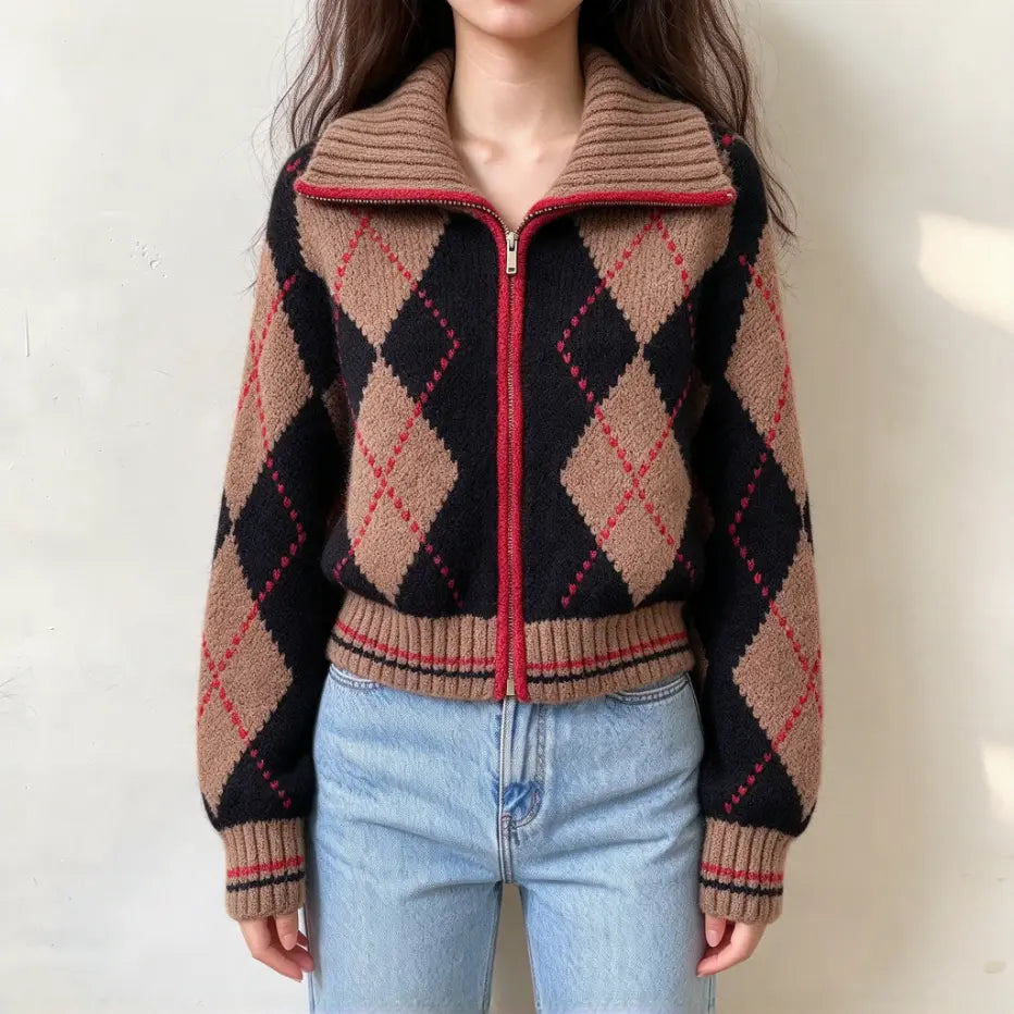 Model wearing camel navy argyle zip turtleneck cropped cardigan with jeans, front view