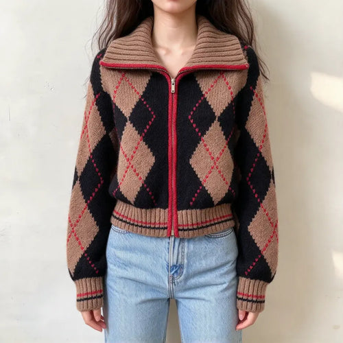 Model wearing camel navy argyle zip turtleneck cropped cardigan with jeans, front view