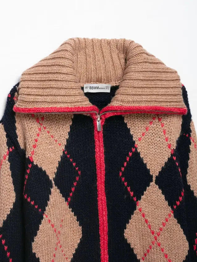 Close-up of collar zipper and argyle pattern