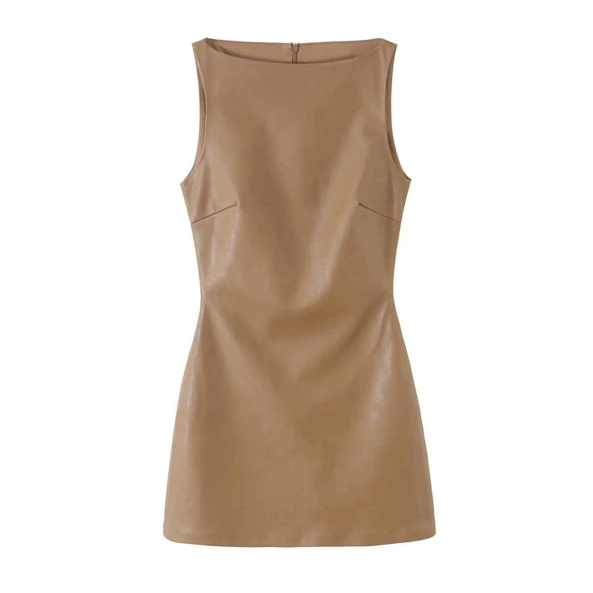 Front flat lay of camel PU boat neck sleeveless mini dress