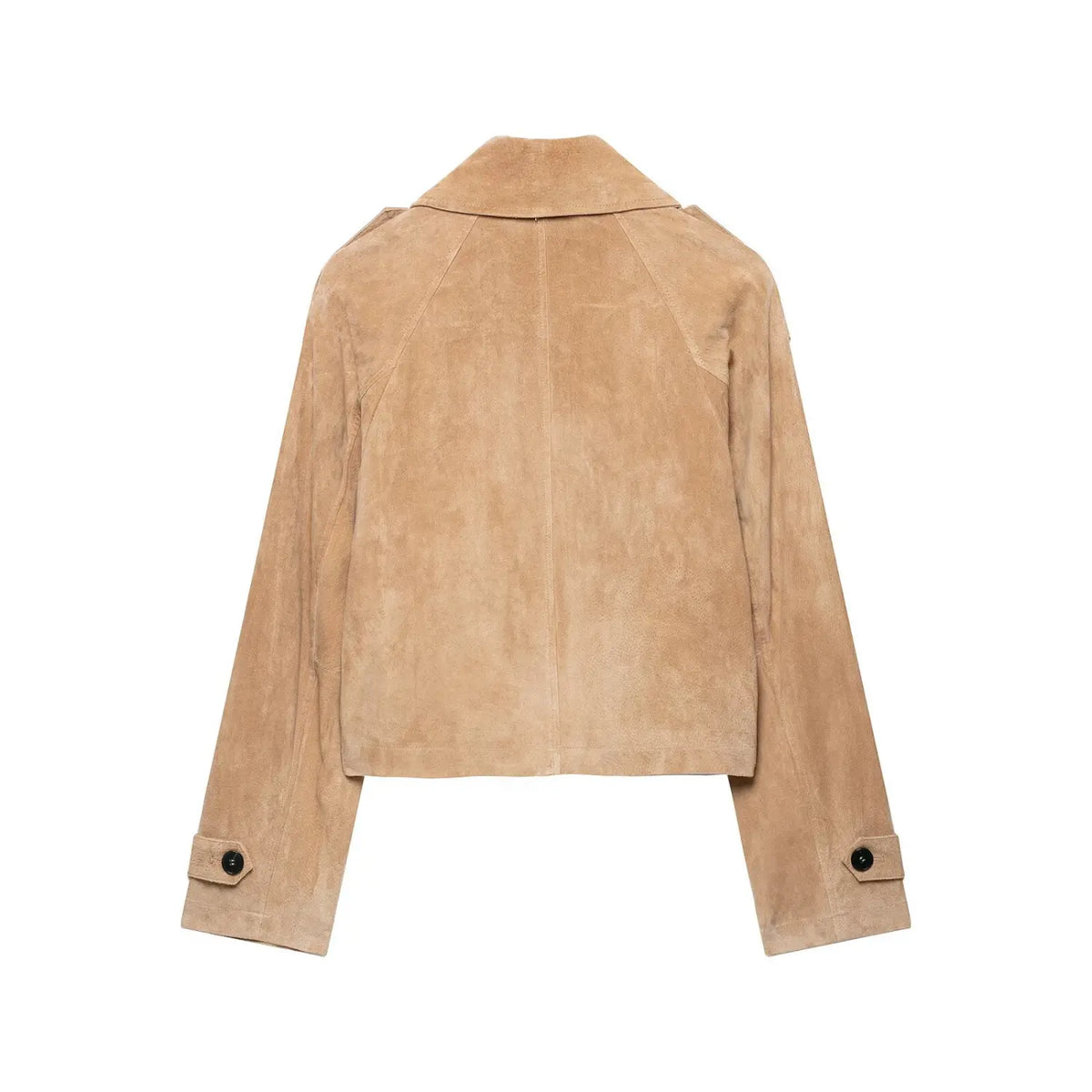 Back flat lay of camel suede cropped jacket