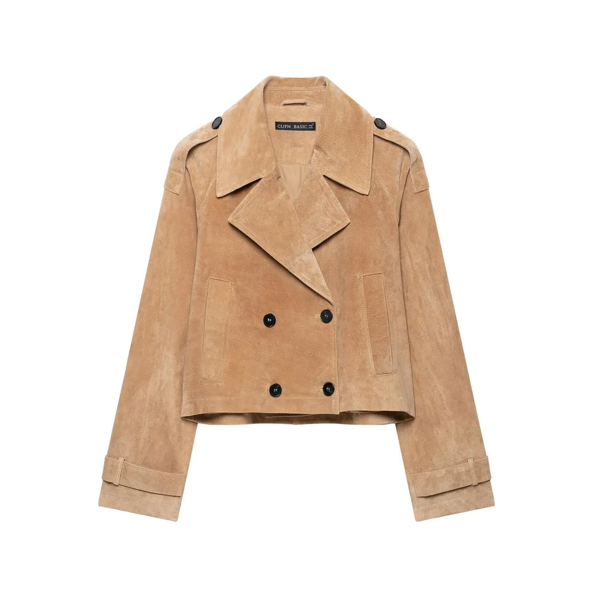 Front flat lay of camel suede double breasted cropped trench jacket
