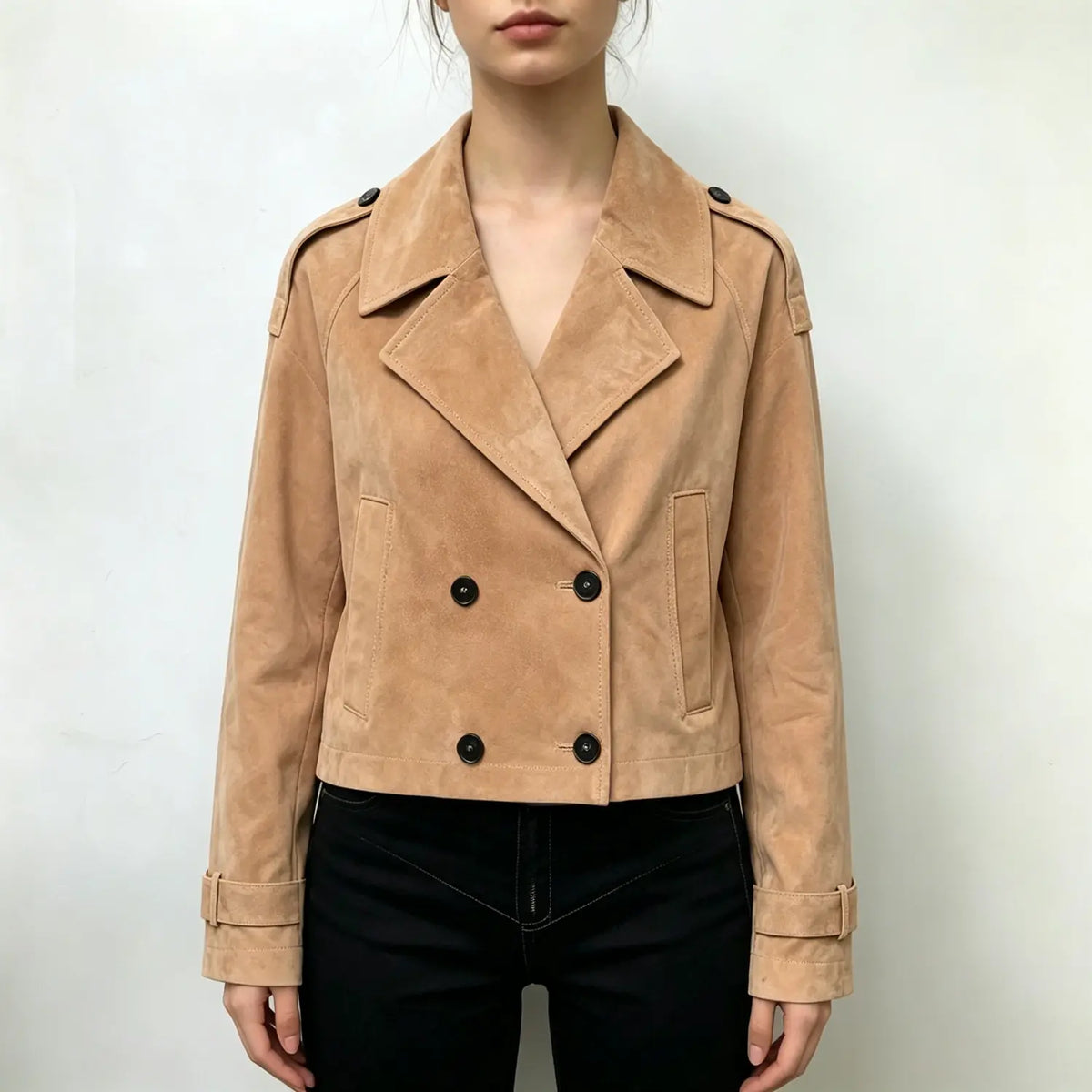Model wearing camel suede double breasted cropped trench jacket with black trousers