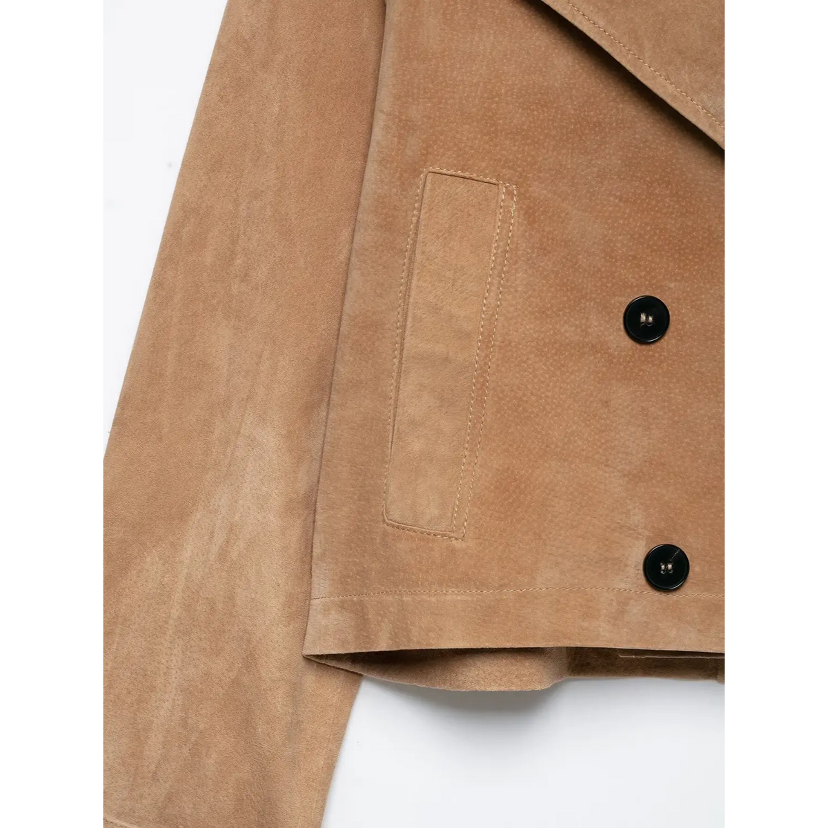 Close-up of vertical patch pocket and double breasted buttons
