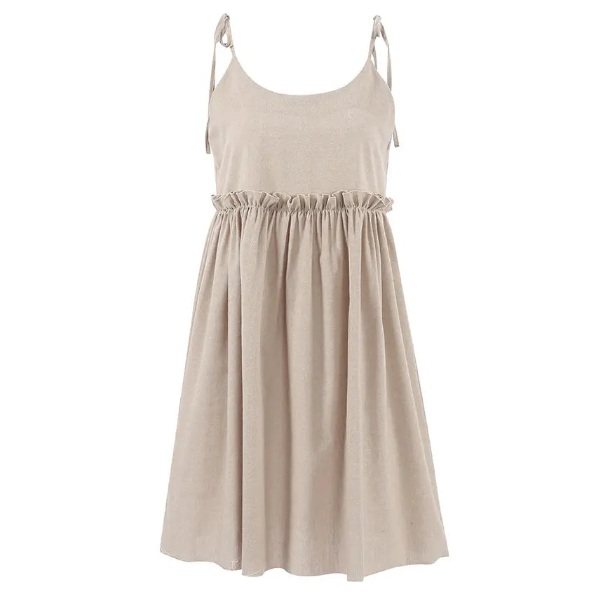 Camel tie strap babydoll ruffle waist mini dress, flat lay detail