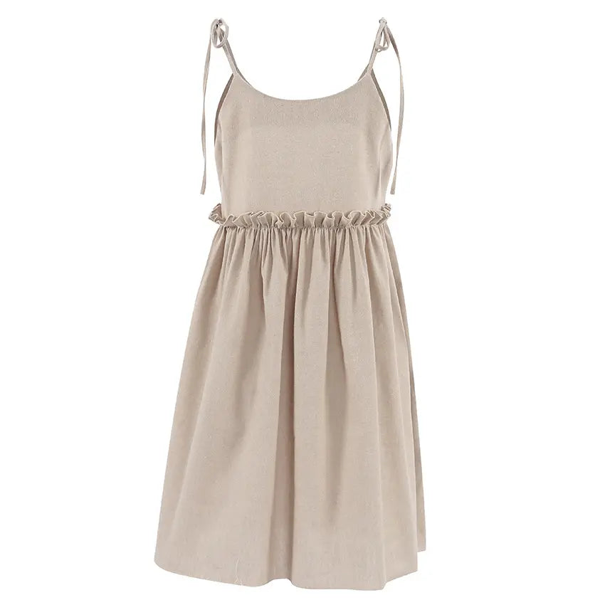 Camel tie strap babydoll ruffle waist mini dress, flat lay front