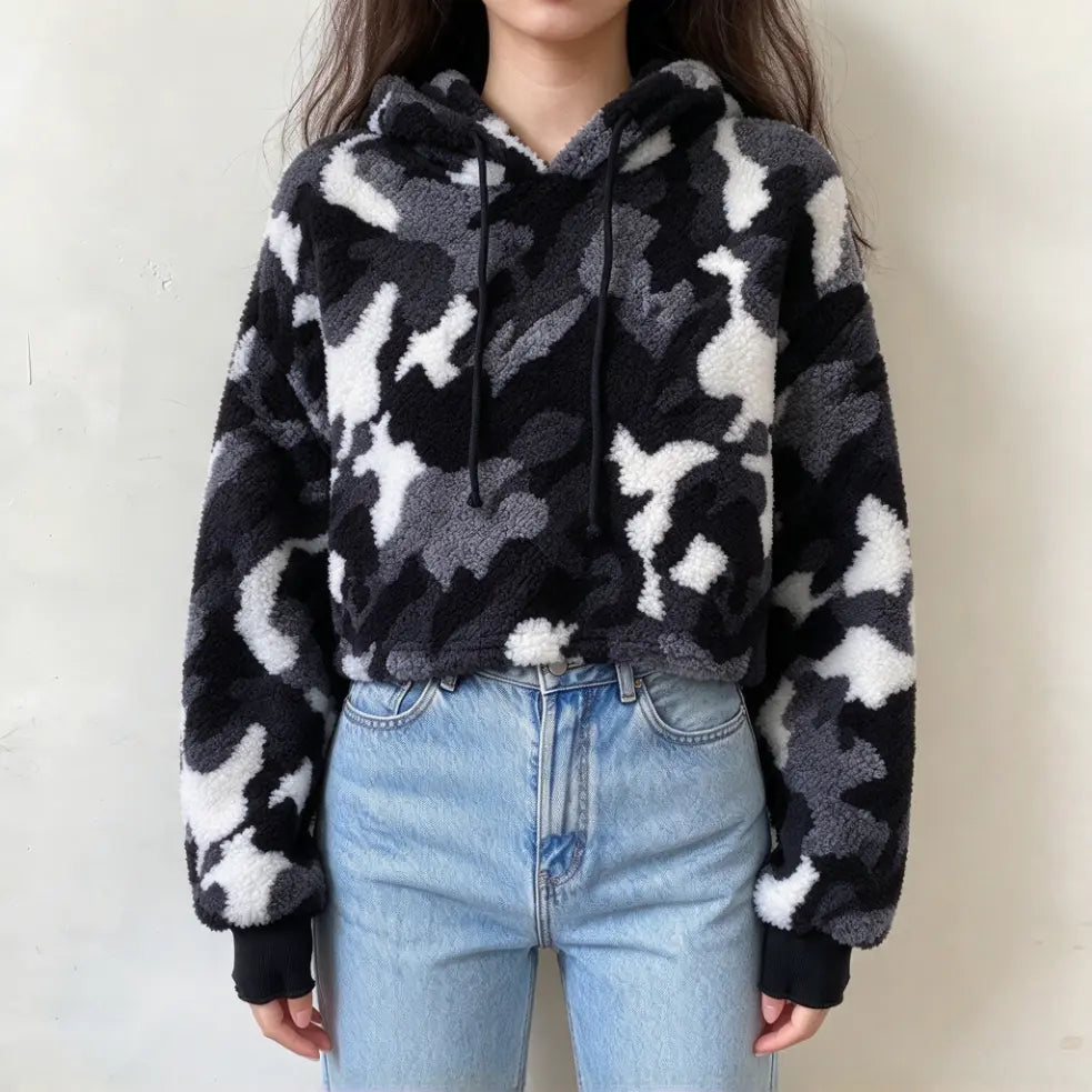 Model wearing camouflage teddy fleece hooded cropped hoodie with jeans, front view