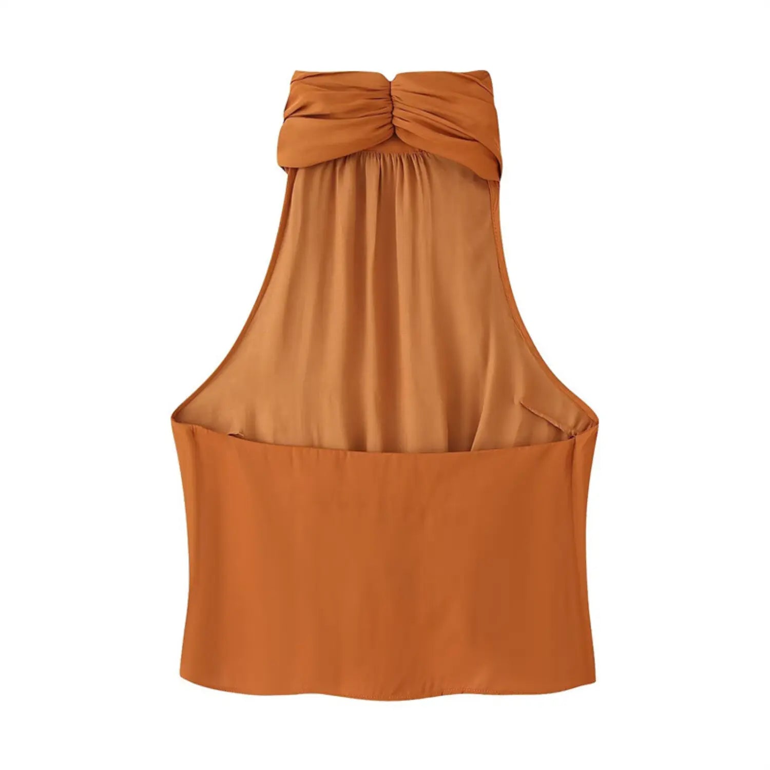 Complete flat back view of caramel sleeveless blouse, twisted gathered halter back panel, solid smooth back lining, straight hem