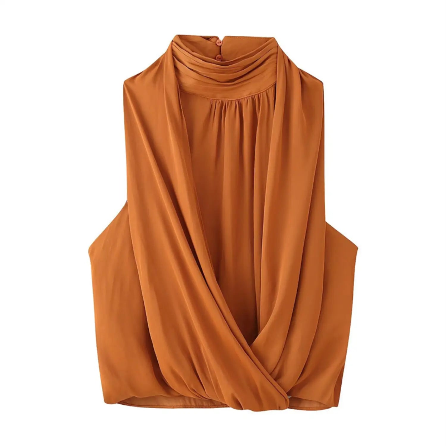 Studio white background full front shot of caramel satin halter cami top, ruched high turtleneck, front wrap cross drape overlay, sleeveless cut, cropped tailored fit